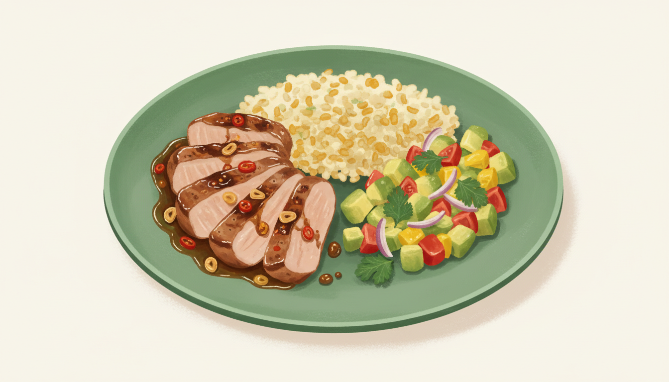 Illustration af sojamarinerede sautéskiver med bulgur og avocadosalsa